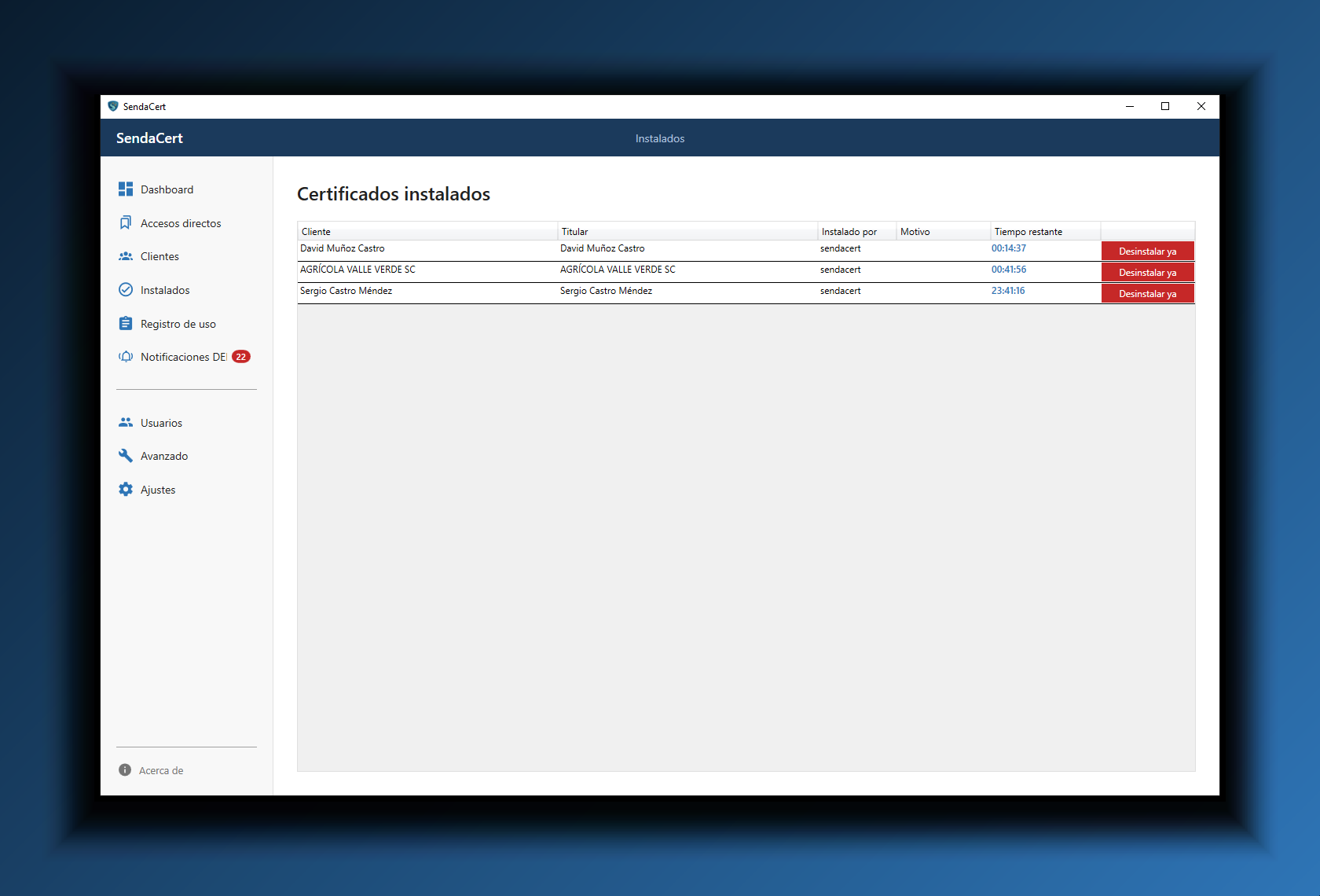 Pantalla de certificados instalados de SendaCert con la cuenta atrás en vivo de cada uno.