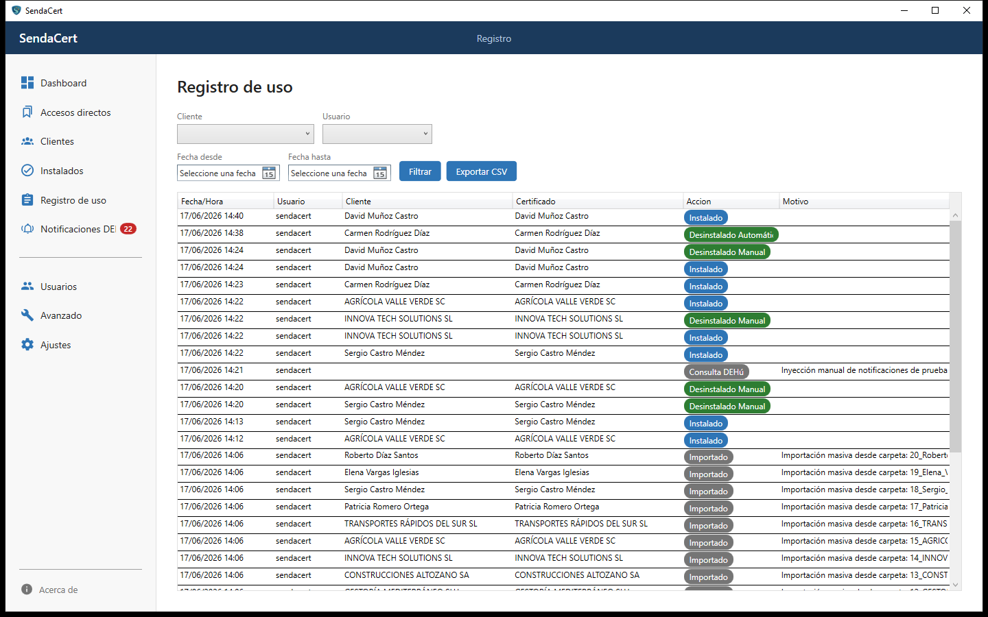 Registro de uso de SendaCert: un historial de acciones (importado, instalado, desinstalado) con usuario, cliente, fecha y motivo, y exportación a CSV.